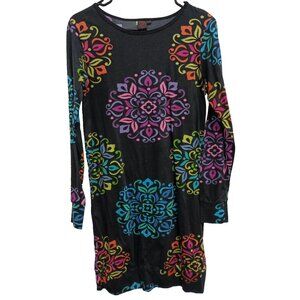 Aller Simplement Womens BOHO Dress Small Black Floral Long Sleeve Artsy Casual‎